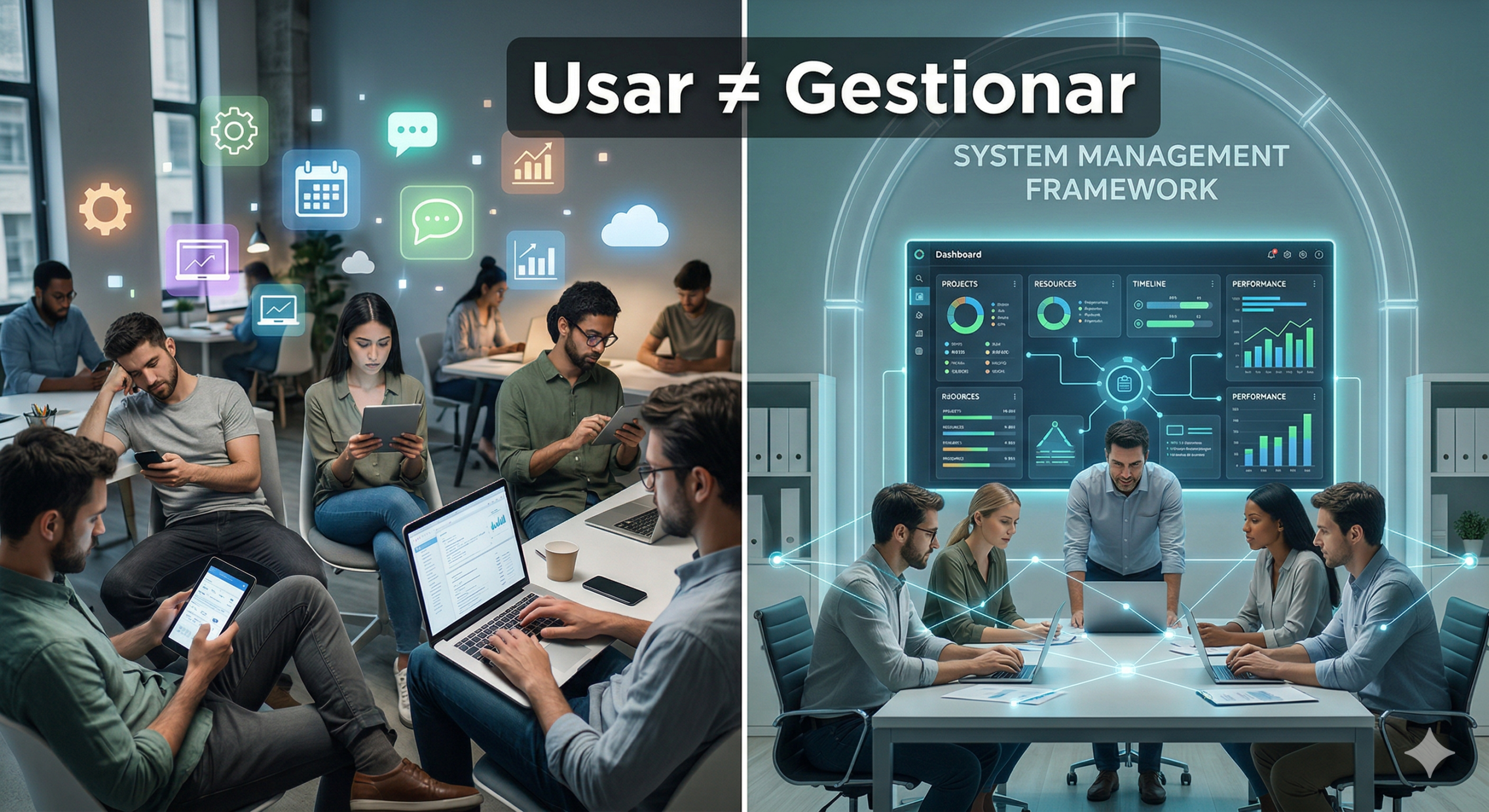 Contraste visual entre uso disperso de IA y gestión estratégica con marco de gobernanza empresarial